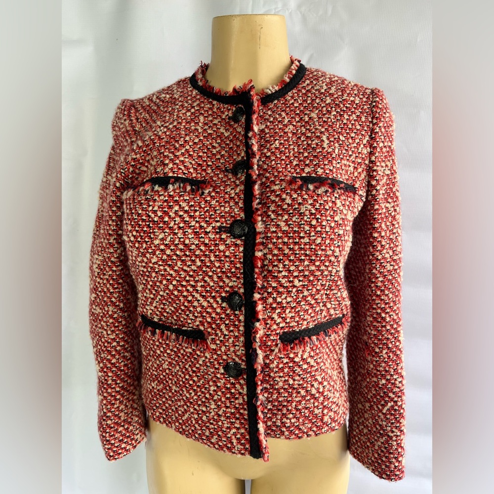 Hinge Red Tweed Faux Leather Trim Jacket